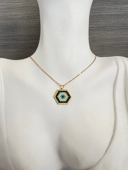 Κολιέ μάτι κεντημένο με χάντρες Miyuki και χρυσή αλυσίδα