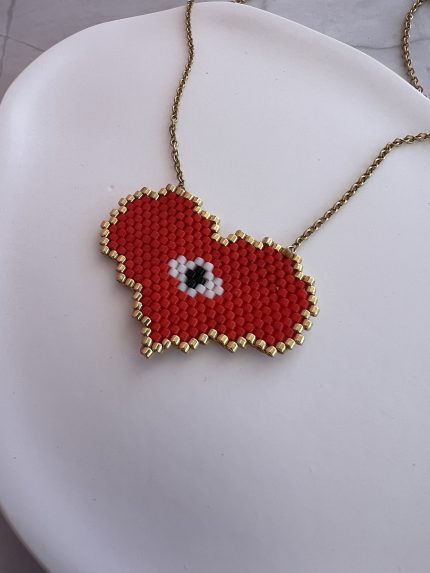 Κολιέ καρδιά και μάτι με χρυσή αλυσίδα κεντημένο με χάντρες Miyuki