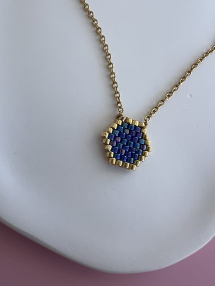 Κολιέ μπλε πολύγωνο κεντημένο με χάντρες Miyuki