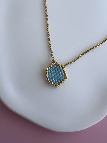 Κολιέ γαλάζιο πολύγωνο κεντημένο με χάντρες Miyuki