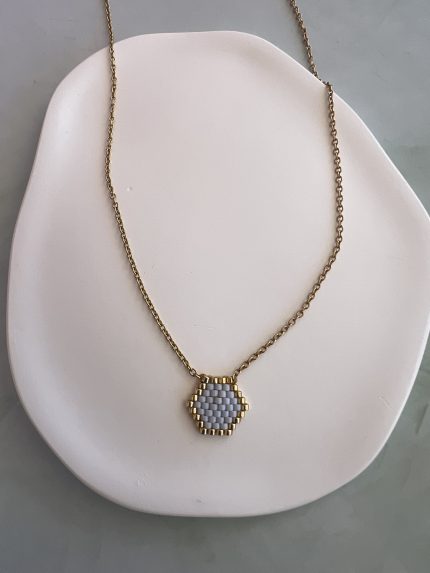 Κολιέ σιέλ πολύγωνο κεντημένο με χάντρες Miyuki