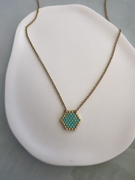 Κολιέ τυρκουάζ πολύγωνο κεντημένο με χάντρες Miyuki