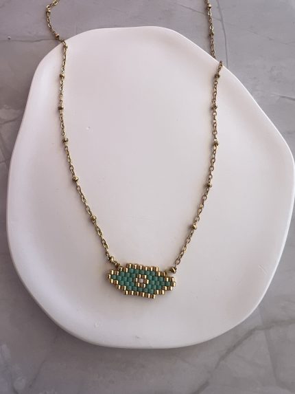 Κολιέ πράσινο μάτι κεντημένο με χάντρες Miyuki και χρυσή αλυσίδα