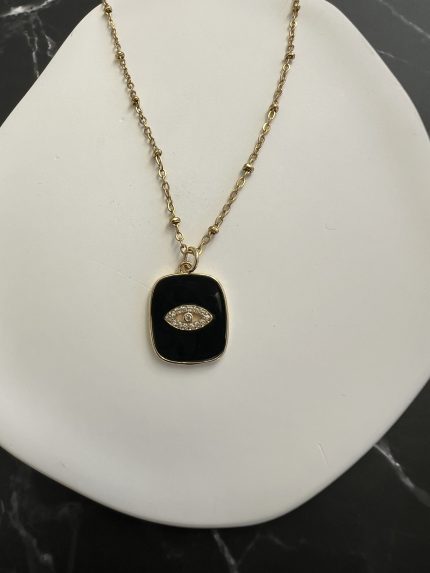 Κολιέ μάτι με ζιργκόν, μαύρο σμάλτο και χρυσή αλυσίδα