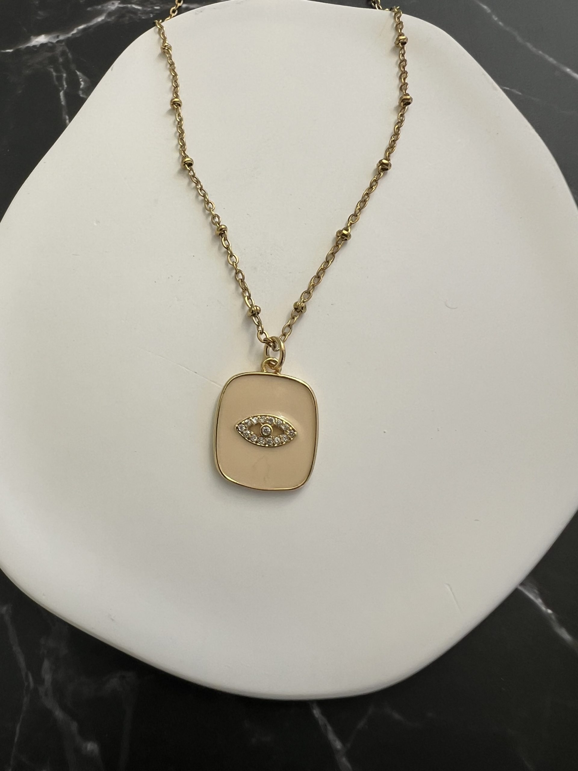 NEC387 Κολιέ μάτι με ζιργκόν, λευκό σμάλτο και χρυσή αλυσίδα - Image 1