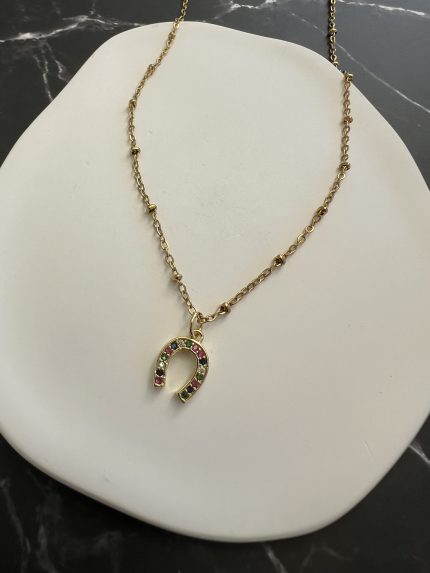 Κολιέ πέταλο με πολύχρωμα ζιργκόν και χρυσή αλυσίδα