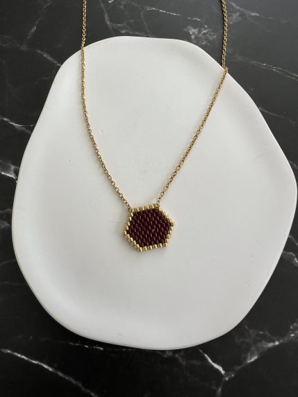 Κολιέ καφέ σκούρο πολύγωνο κεντημένο με χάντρες Miyuki