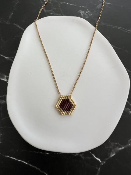 Κολιέ καφέ σκούρο πολύγωνο κεντημένο με χάντρες Miyuki